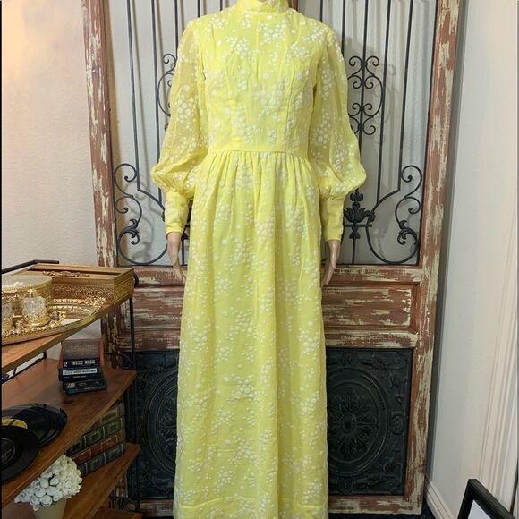 Vintage Rare Flocked Yellow Maxi‎ Dress - Picture 4 of 16